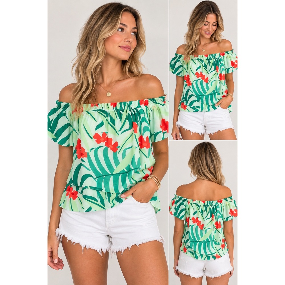 Crosby by Mollie Burch XS Tropical Floral Off Shoulder Ruffle Blouse Green